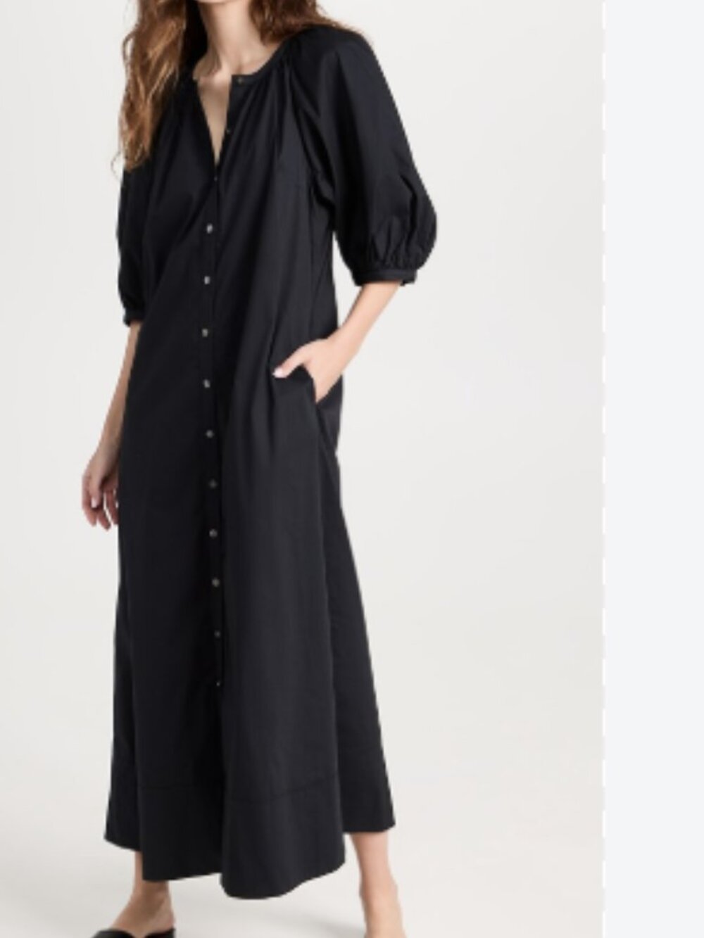 STAUD Black Button-Front Maxi Dress with Balloon Sleeves